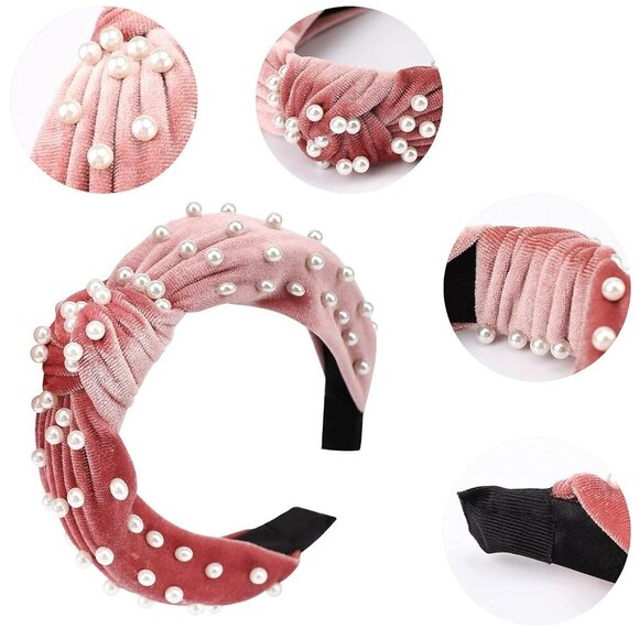 4 Pack Velvet Pearl Headbands for Women Girls Bow Turban Vintage Boho Head Bands - Picture 6 of 8